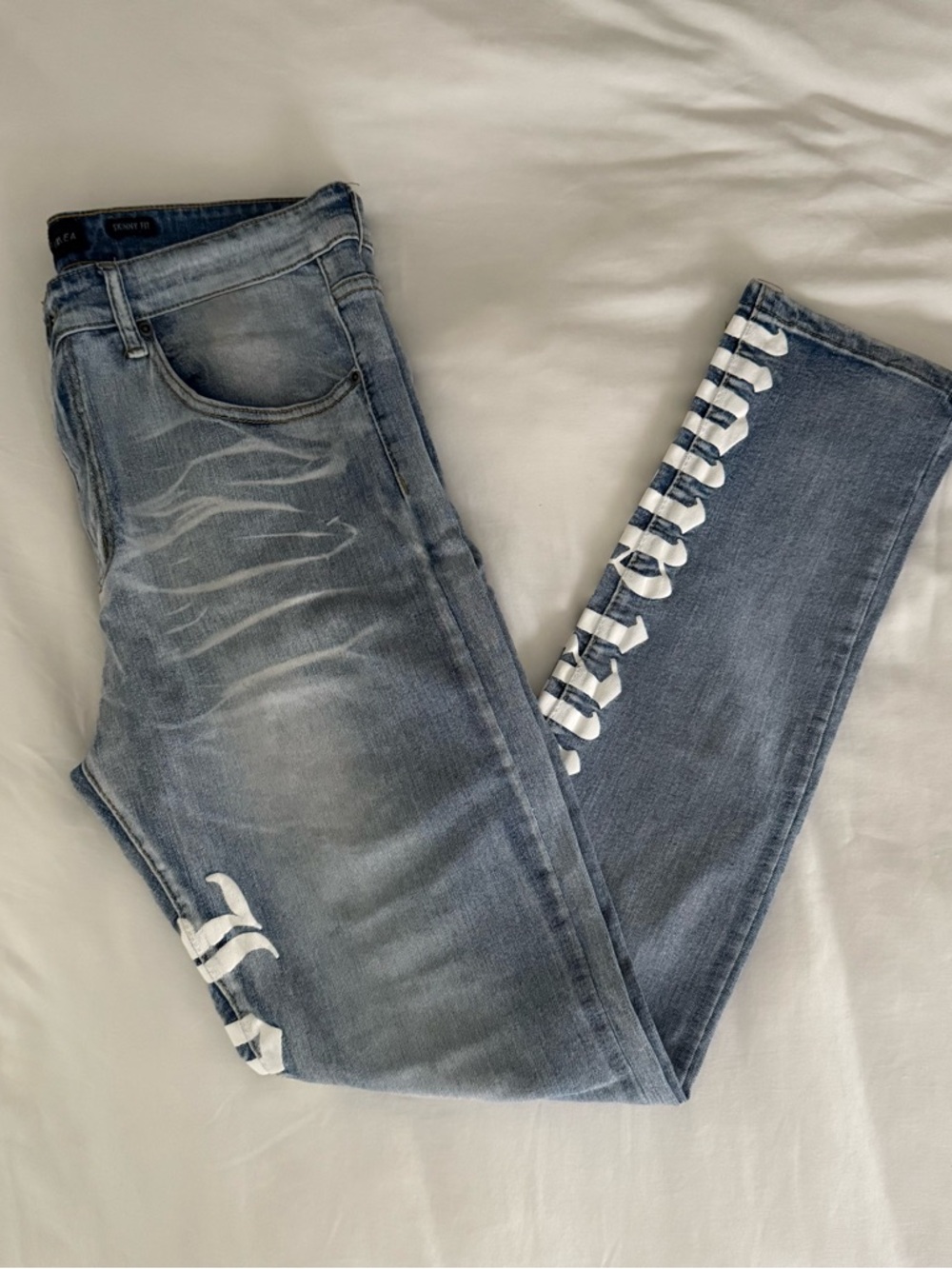Men's Skinny Light Blue Jeans with White Side Graphic